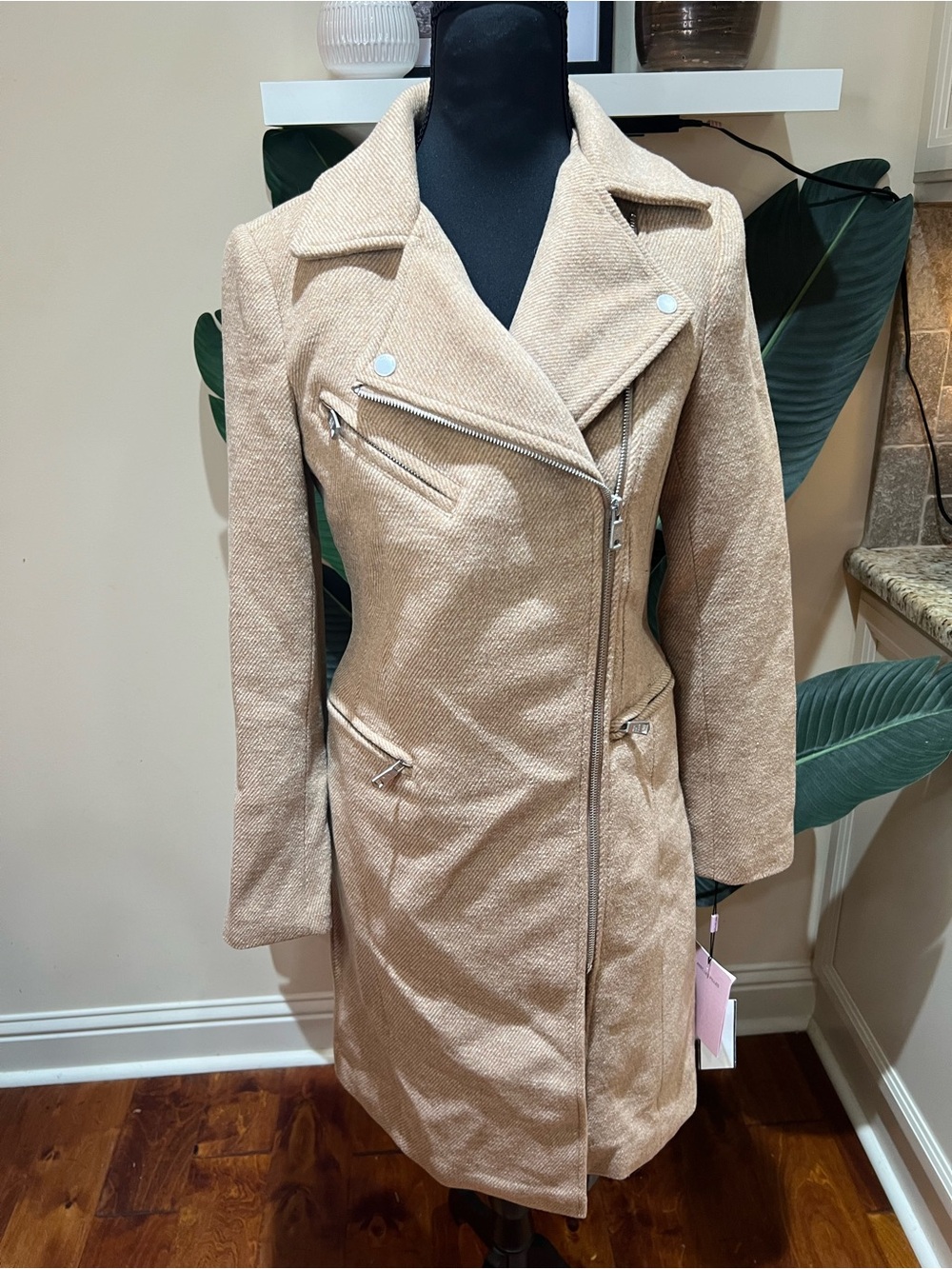Avec Les Filles Twill Camel/Tan Asymmetrical Zip Coat XSmall